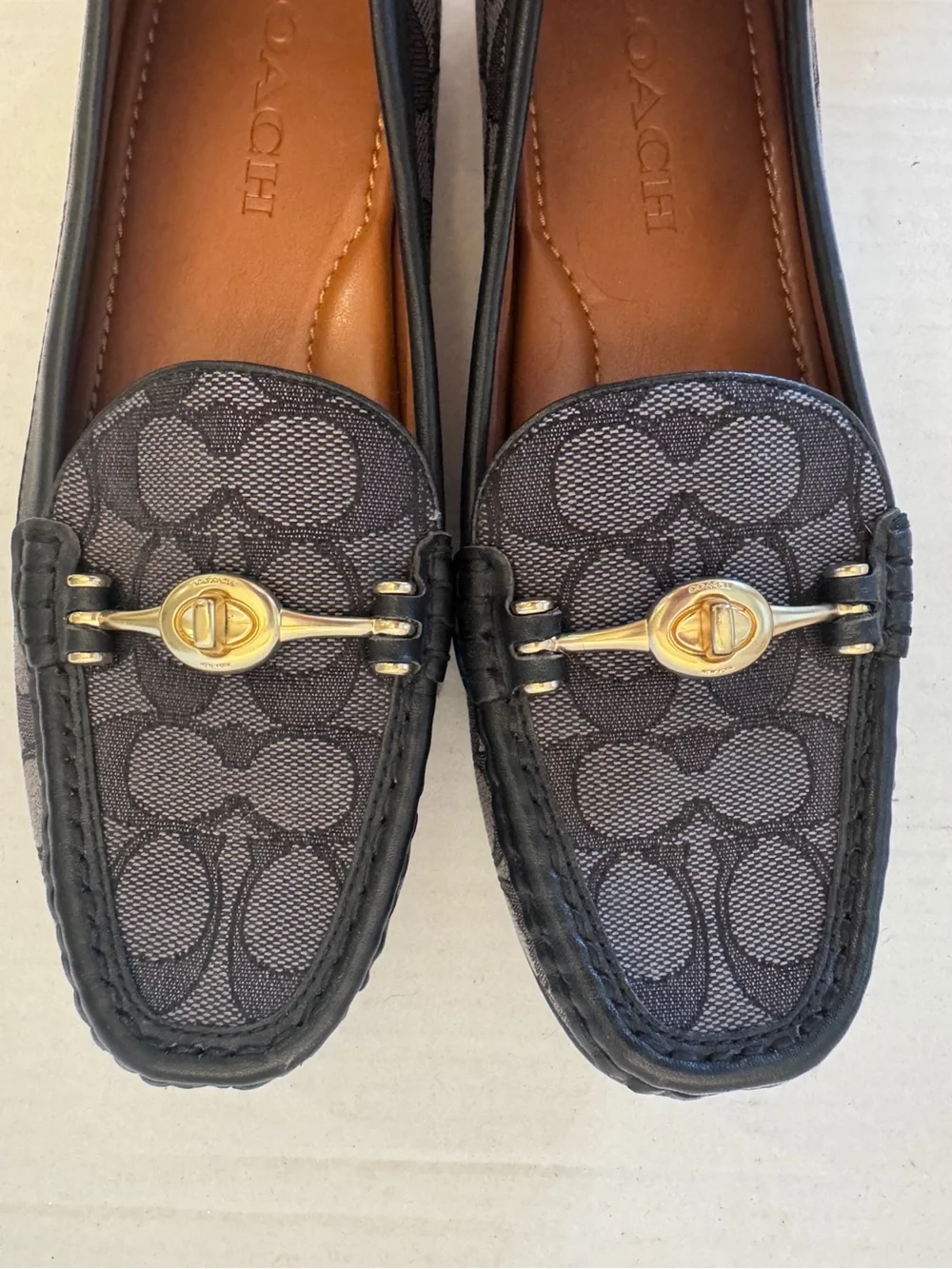 Coach Crosby Driver Loafers Signature Jacquard Turnlock Black Grey Shoes Size 7B